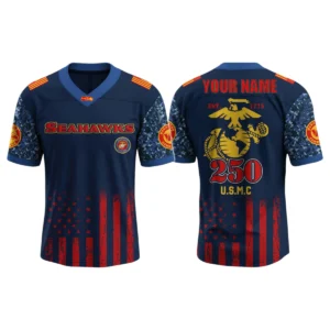 Seattle Seahawks x US USMC 250th Birthday V-Neck Short Sleeve Jersey 3D Limited 2026 Custom Name
