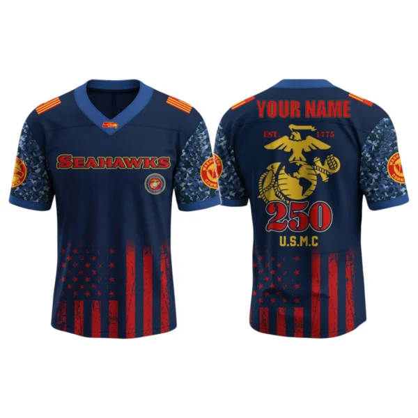 Seattle Seahawks x US USMC 250th Birthday V-Neck Short Sleeve Jersey 3D Limited 2026 Custom Name
