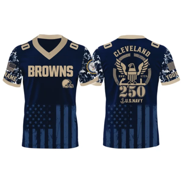 Cleveland Browns US Navy 250th Birthday V-Neck Short Sleeve Jersey 3D Limited 2026 Custom Name