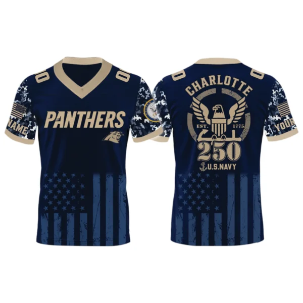 Carolina Panthers US Navy 250th Birthday V-Neck Short Sleeve Jersey 3D Limited 2026 Custom Name