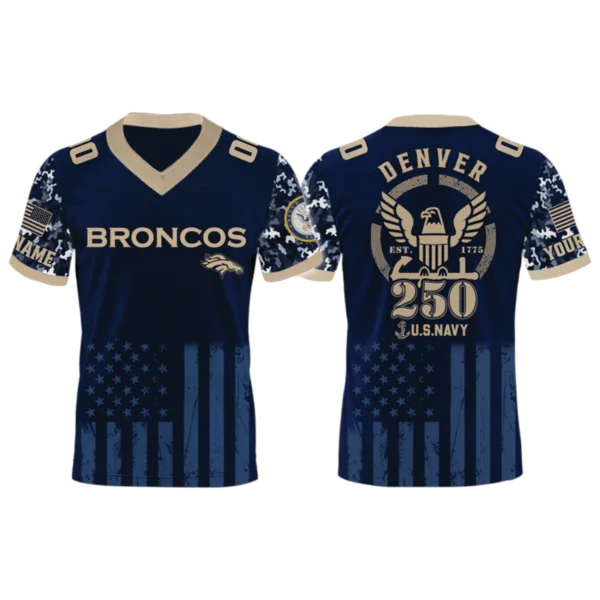 Denver Broncos US Navy 250th Birthday V-Neck Short Sleeve Jersey 3D Limited 2026 Custom Name