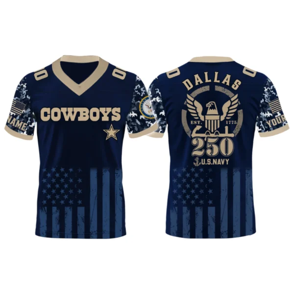 Dallas Cowboys US Navy 250th Birthday V-Neck Short Sleeve Jersey 3D Limited 2026 Custom Name