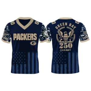Green Bay Packers US Navy 250th Birthday V-Neck Short Sleeve Jersey 3D Limited 2026 Custom Name