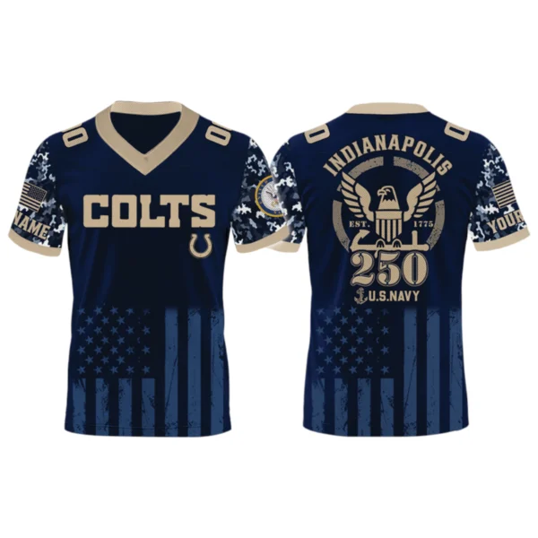 Indianapolis Colts US Navy 250th Birthday V-Neck Short Sleeve Jersey 3D Limited 2026 Custom Name
