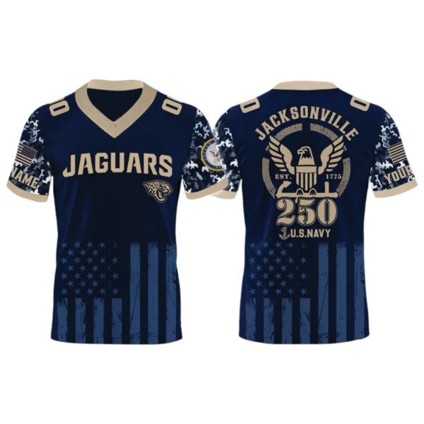 Jacksonville Jaguars US Navy 250th Birthday V-Neck Short Sleeve Jersey 3D Limited 2026 Custom Name