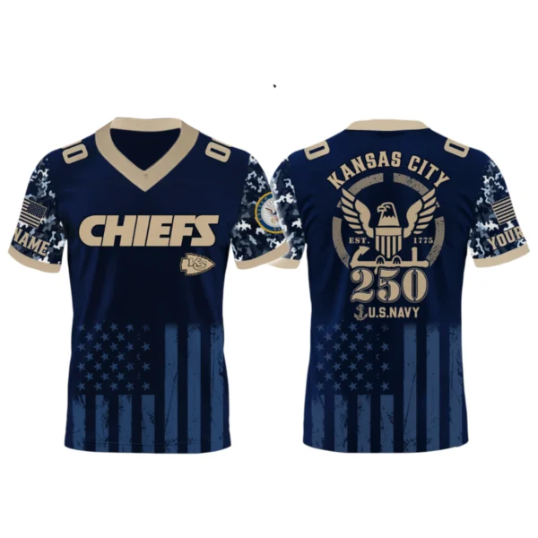 Kansas City Chiefs US Navy 250th Birthday V-Neck Short Sleeve Jersey 3D Limited 2026 Custom Name