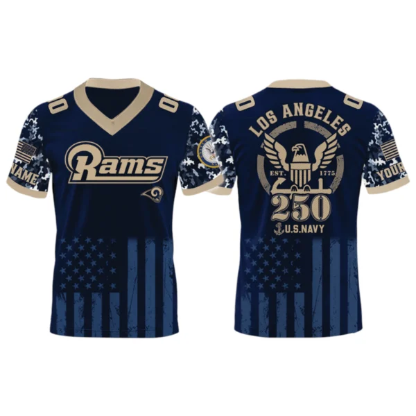 Los Angeles Rams US Navy 250th Birthday V-Neck Short Sleeve Jersey 3D Limited 2026 Custom Name