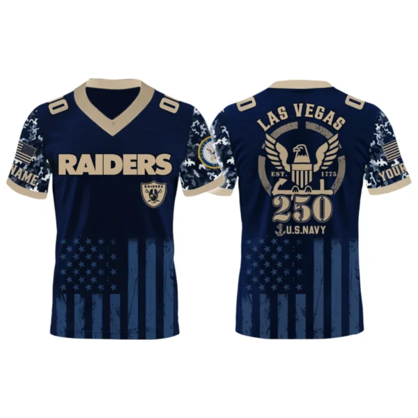 Las Vegas Raiders US Navy 250th Birthday V-Neck Short Sleeve Jersey 3D Limited 2026 Custom Name