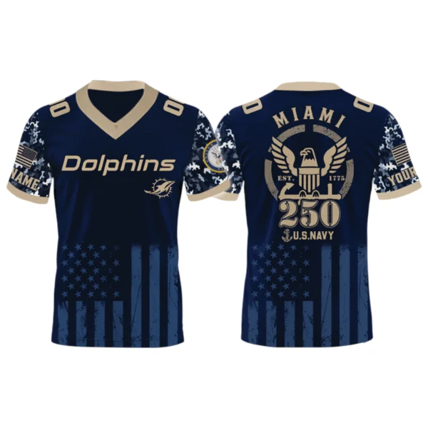 Miami Dolphins US Navy 250th Birthday V-Neck Short Sleeve Jersey 3D Limited 2026 Custom Name