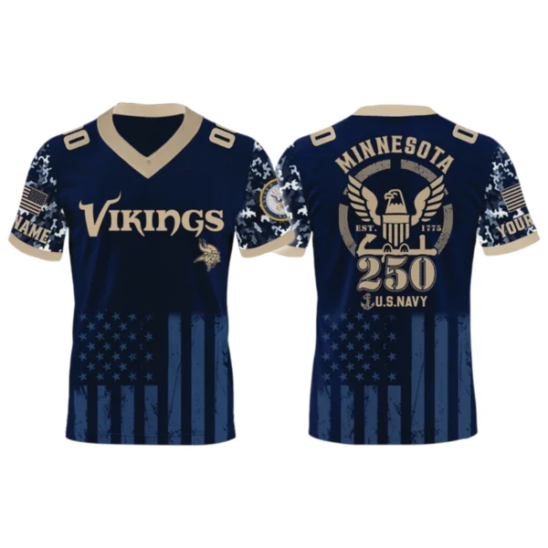 Minnesota Vikings US Navy 250th Birthday V-Neck Short Sleeve Jersey 3D Limited 2026 Custom Name