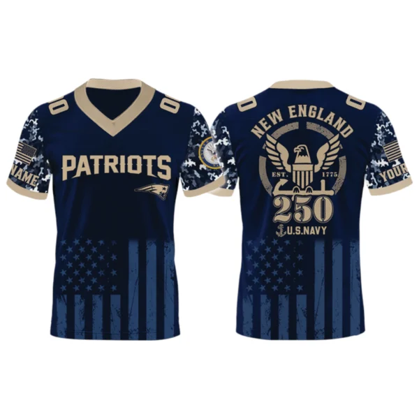 New England Patriots US Navy 250th Birthday V-Neck Short Sleeve Jersey 3D Limited 2026 Custom Name