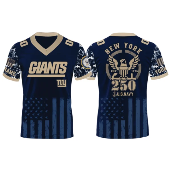 New York Giants US Navy 250th Birthday V-Neck Short Sleeve Jersey 3D Limited 2026 Custom Name