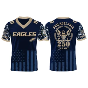 Philadelphia Eagles US Navy 250th Birthday V-Neck Short Sleeve Jersey 3D Limited 2026 Custom Name