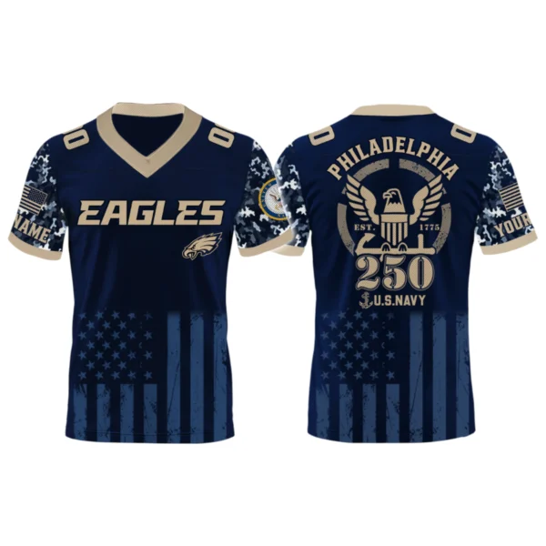 Philadelphia Eagles US Navy 250th Birthday V-Neck Short Sleeve Jersey 3D Limited 2026 Custom Name