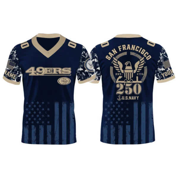 San Francisco 49ers US Navy 250th Birthday V-Neck Short Sleeve Jersey 3D Limited 2026 Custom Name