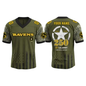 Baltimore Ravens x US Army 250th Birthday V-Neck Short Sleeve Jersey 3D Limited 2026 Custom Name & Number
