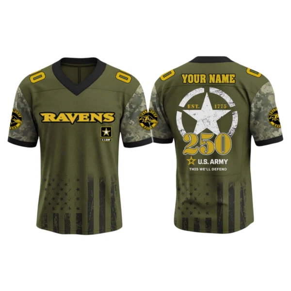 Baltimore Ravens x US Army 250th Birthday V-Neck Short Sleeve Jersey 3D Limited 2026 Custom Name & Number