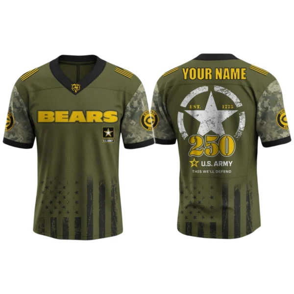Chicago Bears x US Army 250th Birthday V-Neck Short Sleeve Jersey 3D Limited 2026 Custom Name