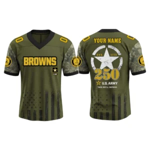 Cleveland Browns x US Army 250th Birthday V-Neck Short Sleeve Jersey 3D Limited 2026 Custom Name & Number