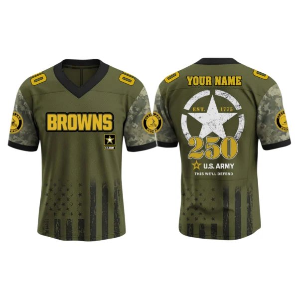 Cleveland Browns x US Army 250th Birthday V-Neck Short Sleeve Jersey 3D Limited 2026 Custom Name & Number