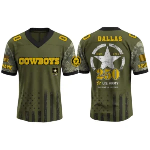 Dallas Cowboys x US Army 250th Birthday V-Neck Short Sleeve Jersey 3D Limited 2026 Custom Name & Number