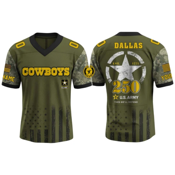 Dallas Cowboys x US Army 250th Birthday V-Neck Short Sleeve Jersey 3D Limited 2026 Custom Name & Number