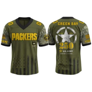 Green Bay Packers x US Army 250th Birthday V-Neck Short Sleeve Jersey 3D Limited 2026 Custom Name & Number