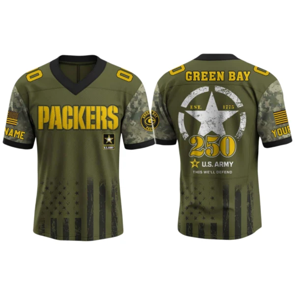 Green Bay Packers x US Army 250th Birthday V-Neck Short Sleeve Jersey 3D Limited 2026 Custom Name & Number