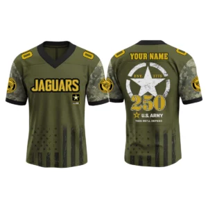 Jacksonville Jaguars x US Army 250th Birthday V-Neck Short Sleeve Jersey 3D Limited 2026 Custom Name & Number