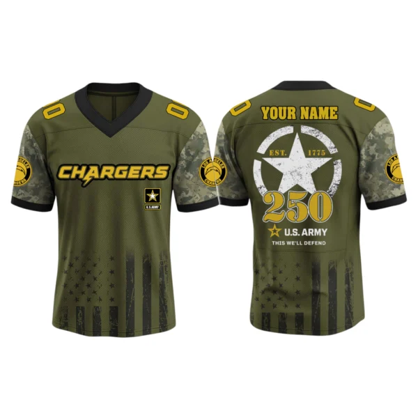 Los Angeles Chargers x US Army 250th Birthday V-Neck Short Sleeve Jersey 3D Limited 2026 Custom Name & Number