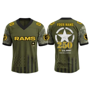 Los Angeles Rams x US Army 250th Birthday V-Neck Short Sleeve Jersey 3D Limited 2026 Custom Name & Number