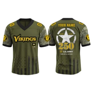 Minnesota Vikings x US Army 250th Birthday V-Neck Short Sleeve Jersey 3D Limited 2026 Custom Name & Number