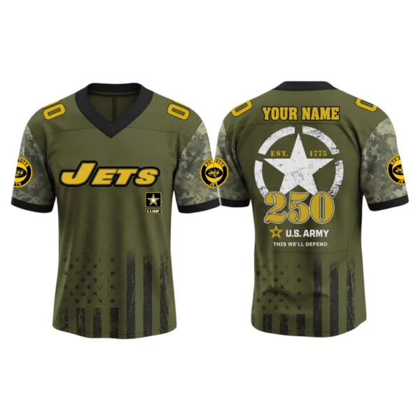 New York Jets x US Army 250th Birthday V-Neck Short Sleeve Jersey 3D Limited 2026 Custom Name & Number