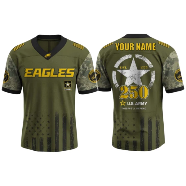 Philadelphia Eagles x US Army 250th Birthday V-Neck Short Sleeve Jersey 3D Limited 2026 Custom Name