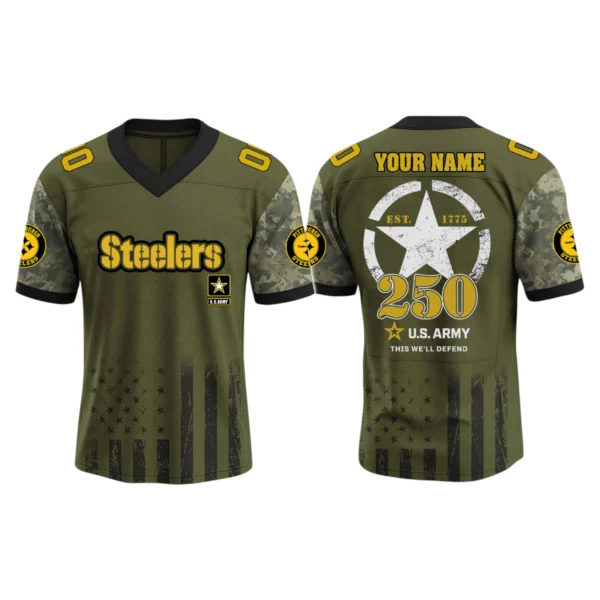Pittsburgh Steelers x US Army 250th Birthday V-Neck Short Sleeve Jersey 3D Limited 2026 Custom Name & Number
