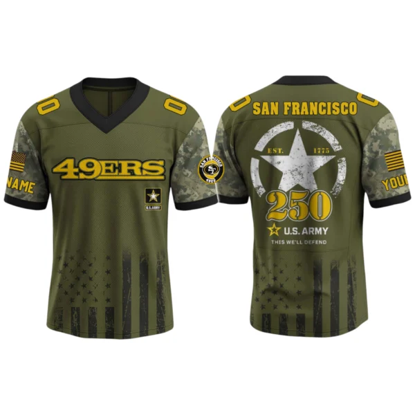 San Francisco 49ers x US Army 250th Birthday V-Neck Short Sleeve Jersey 3D Limited 2026 Custom Name & Number