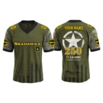 Seattle Seahawks x US Army 250th Birthday V-Neck Short Sleeve Jersey 3D Limited 2026 Custom Name & Number