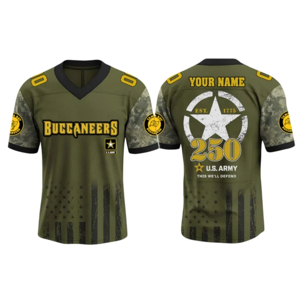 Tampa Bay Buccaneers x US Army 250th Birthday V-Neck Short Sleeve Jersey 3D Limited 2026 Custom Name & Number