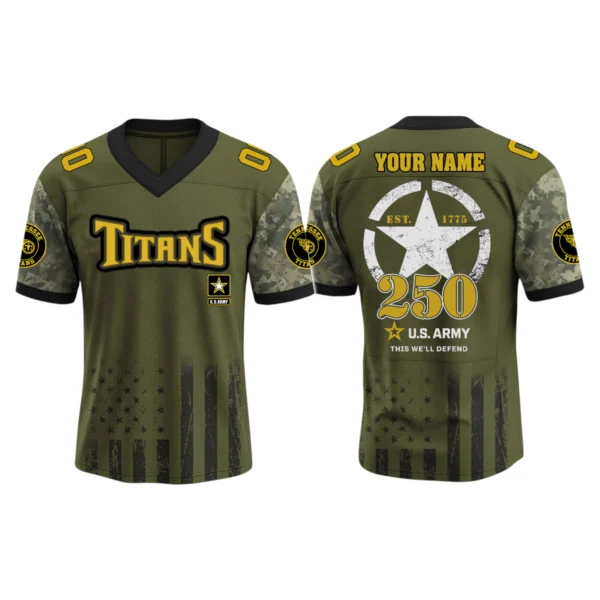 Tennessee Titans x US Army 250th Birthday V-Neck Short Sleeve Jersey 3D Limited 2026 Custom Name & Number
