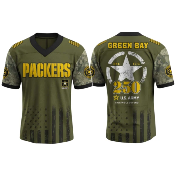 Green Bay Packers x US Army 250th Birthday V-Neck Short Sleeve Jersey 3D Limited 2026 Custom Name