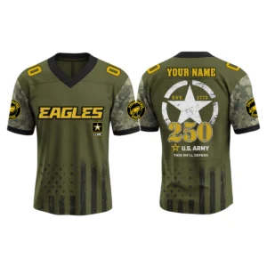 Philadelphia Eagles x US Army 250th Birthday V-Neck Short Sleeve Jersey 3D Limited 2026 Custom Name & Number
