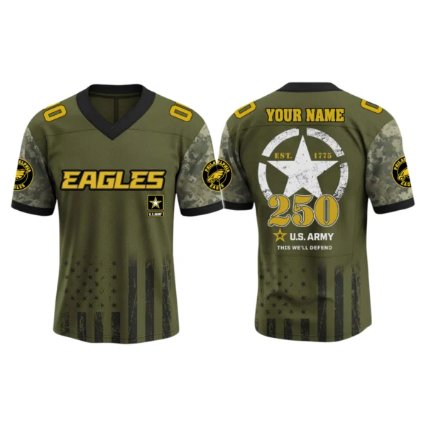 Philadelphia Eagles x US Army 250th Birthday V-Neck Short Sleeve Jersey 3D Limited 2026 Custom Name & Number