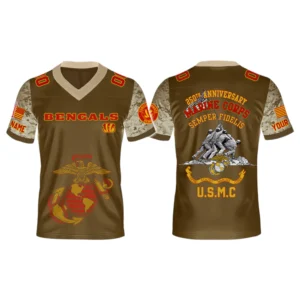 Cincinnati Bengals x USMC 250th Birthday Celebration V-Neck Short Sleeve Jersey 3D Limited 2026 Custom Name & Number