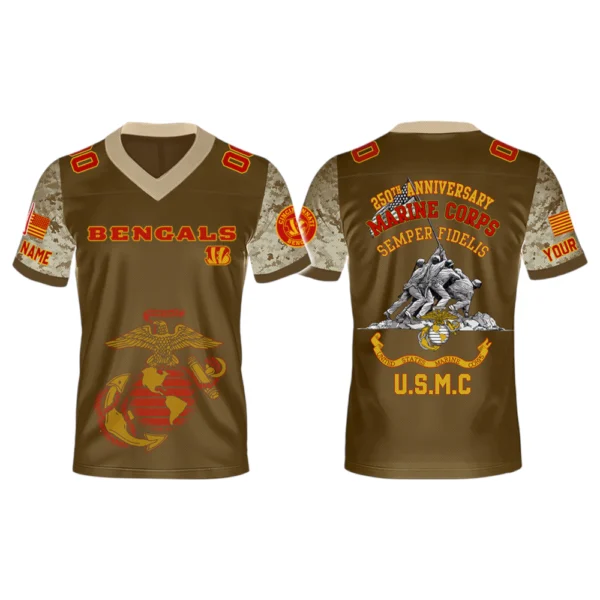 Cincinnati Bengals x USMC 250th Birthday Celebration V-Neck Short Sleeve Jersey 3D Limited 2026 Custom Name & Number