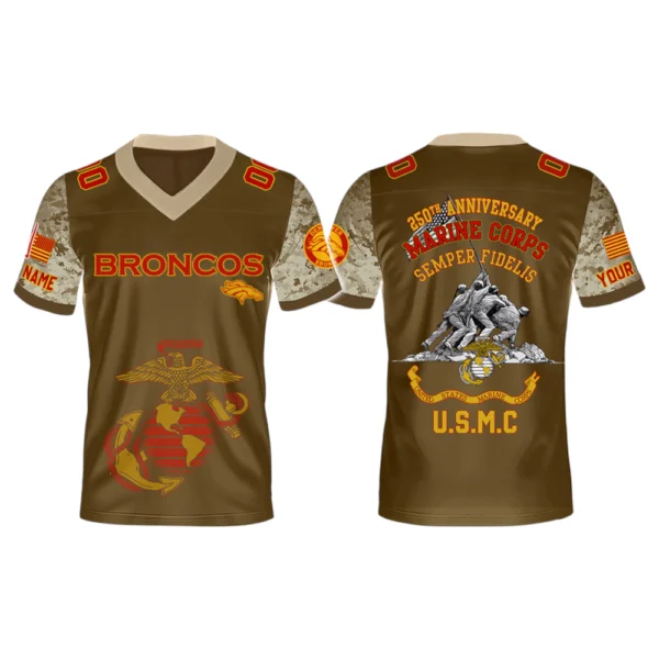 Denver Broncos x USMC 250th Birthday Celebration V-Neck Short Sleeve Jersey 3D Limited 2026 Custom Name & Number