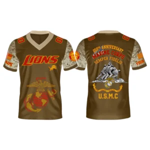 Detroit Lions x USMC 250th Birthday Celebration V-Neck Short Sleeve Jersey 3D Limited 2026 Custom Name & Number