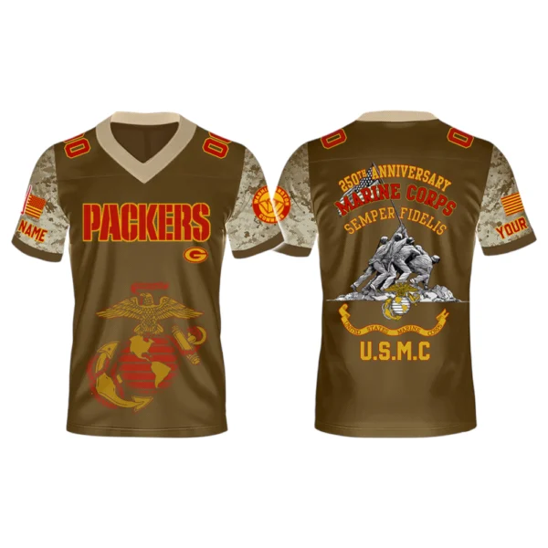 Green Bay Packers x USMC 250th Birthday Celebration V-Neck Short Sleeve Jersey 3D Limited 2026 Custom Name & Number