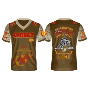 Kansas City Chiefs x USMC 250th Birthday Celebration V-Neck Short Sleeve Jersey 3D Limited 2026 Custom Name & Number