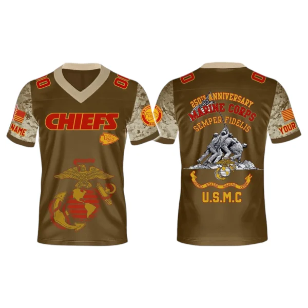 Kansas City Chiefs x USMC 250th Birthday Celebration V-Neck Short Sleeve Jersey 3D Limited 2026 Custom Name & Number