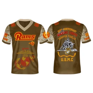 Los Angeles Rams x USMC 250th Birthday Celebration V-Neck Short Sleeve Jersey 3D Limited 2026 Custom Name & Number
